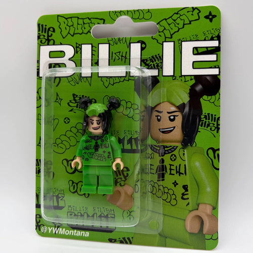 Billie Eilish Custom Minifigure: Neon green streetwear, black double buns, graffiti packaging.