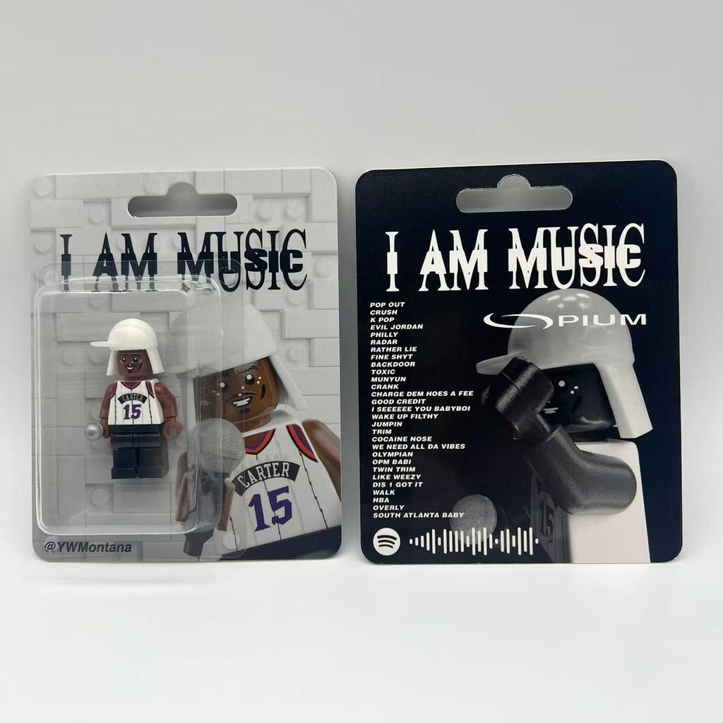 Lil Wayne "I AM MUSIC" custom minifigure with #15 Carter jersey, white hat, and microphone accessory.