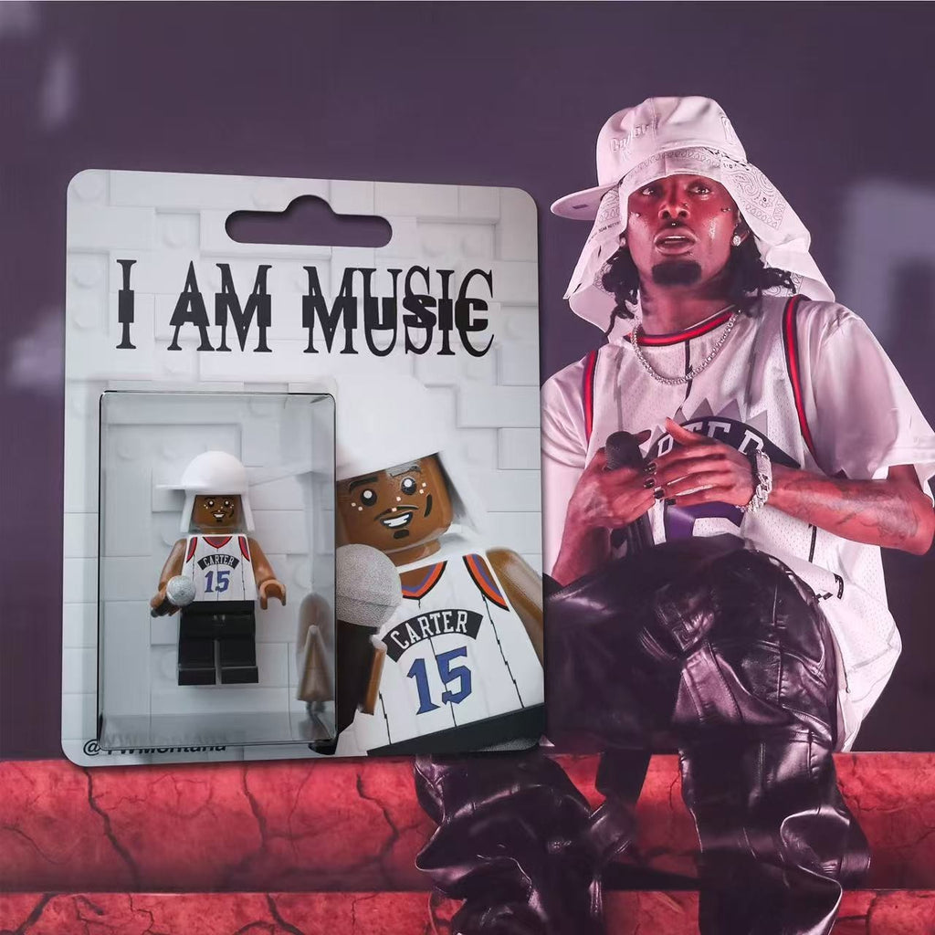 Lil Wayne "I AM MUSIC" custom minifigure with #15 Carter jersey, white hat, and microphone accessory.