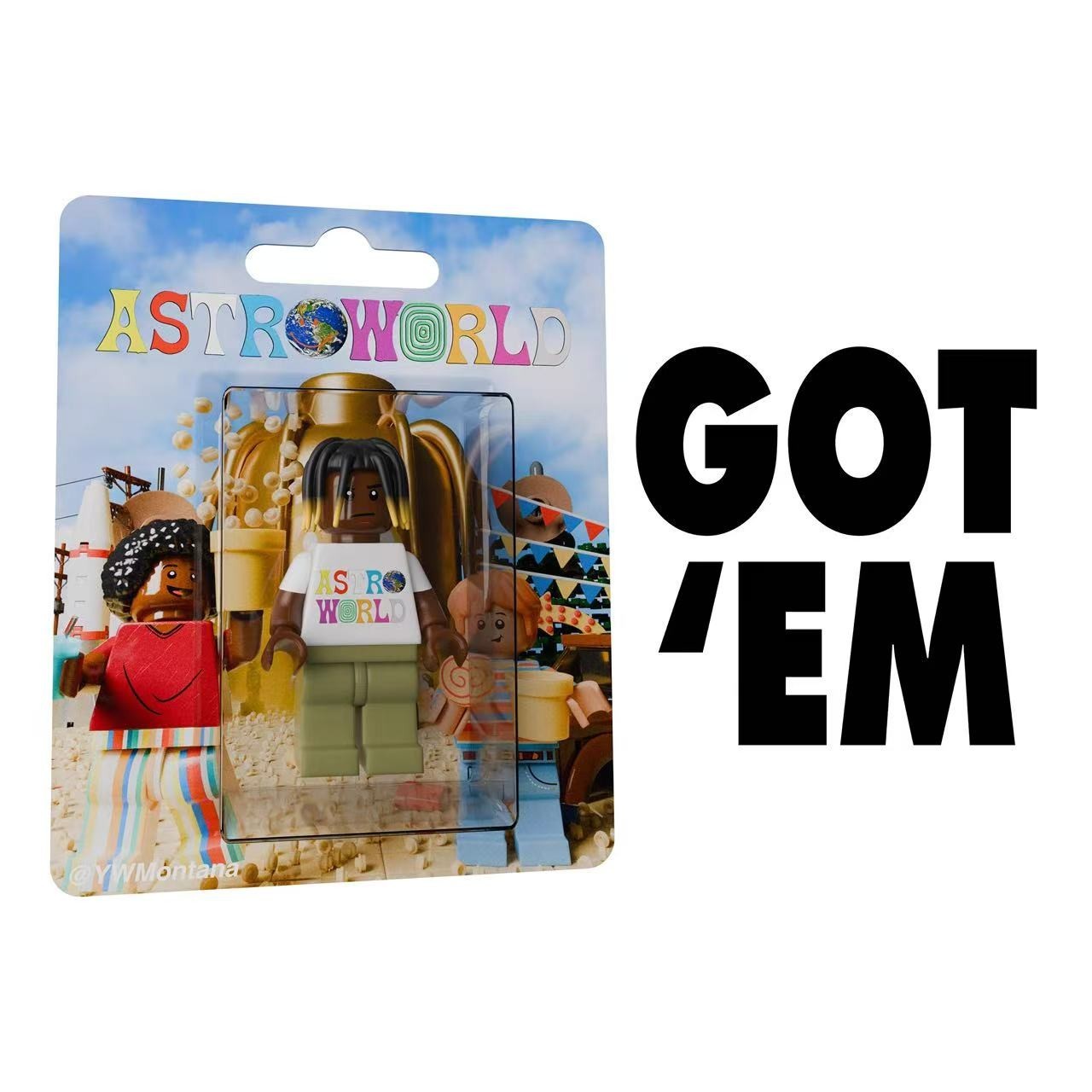 Travis Scott "Astroworld" custom minifigure with iconic logo tee, dreads, packaged on themed card.