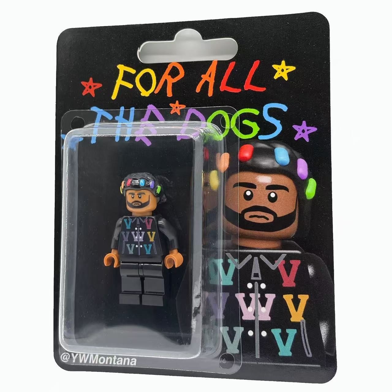 Drake "For All The Dogs" custom minifigure in blister pack; features hoodie and colorful hair clips.