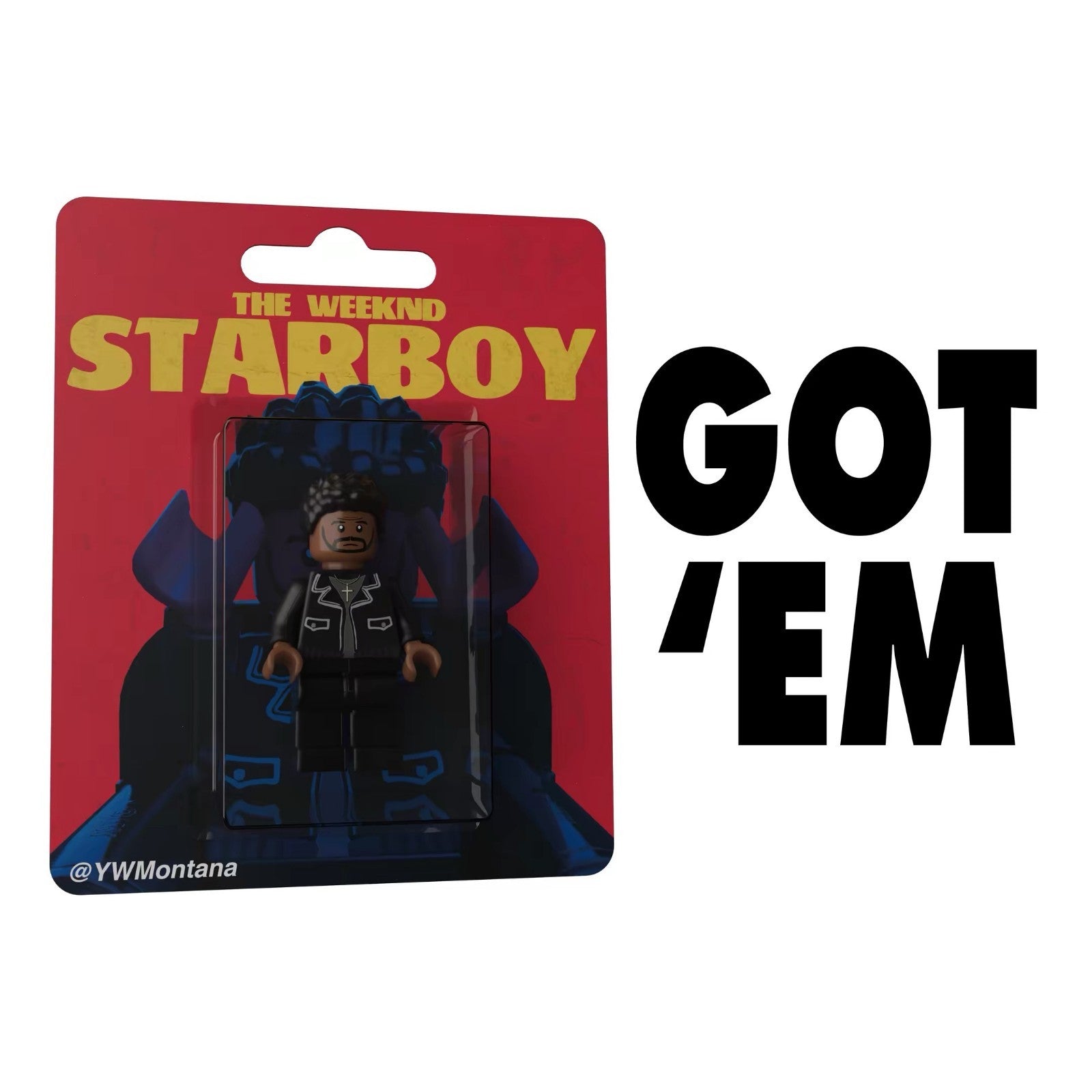 The Weeknd Starboy custom minifigure in blister pack, featuring black outfit and red album art backing.