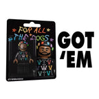 Drake "For All The Dogs" custom minifigure in black hoodie with colorful "V" logos in blister pack.