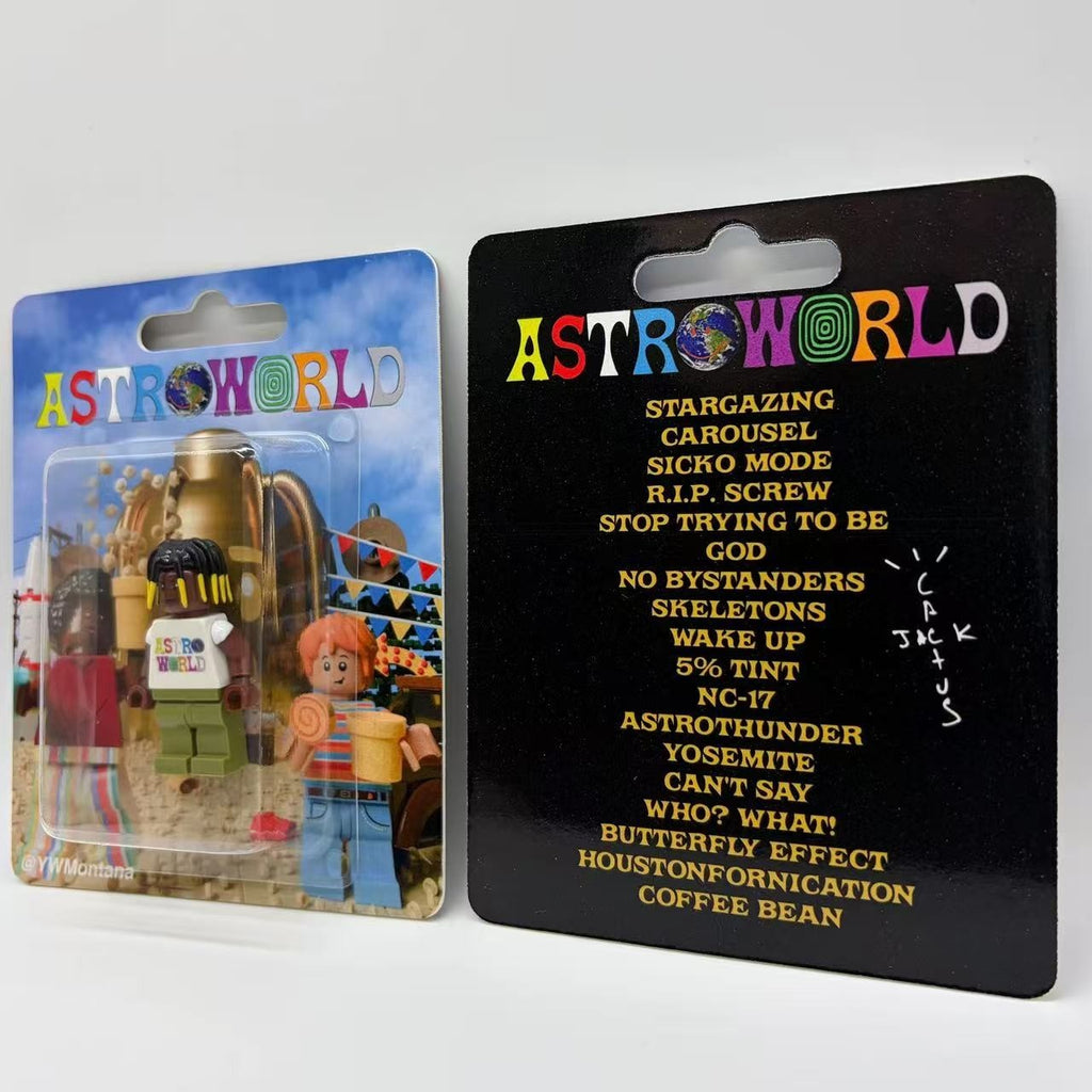 Travis Scott Astroworld custom minifigure in blister pack with iconic album art and detailed design.