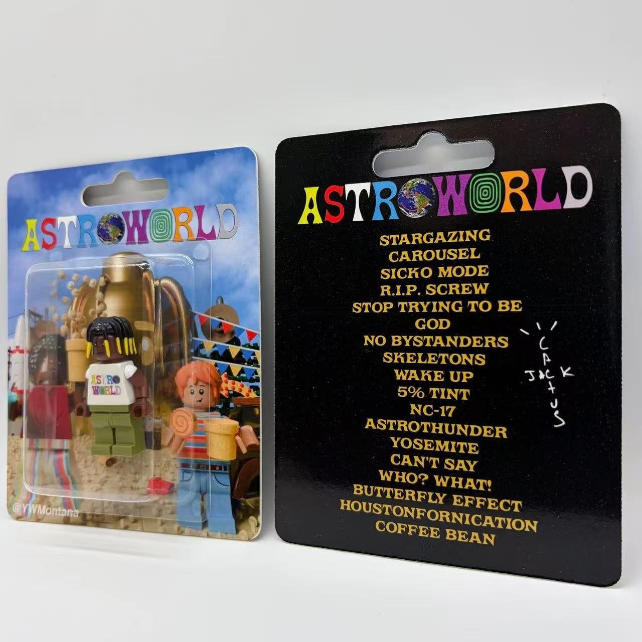 Travis Scott Astroworld custom minifigure in blister pack with iconic album art and detailed design.