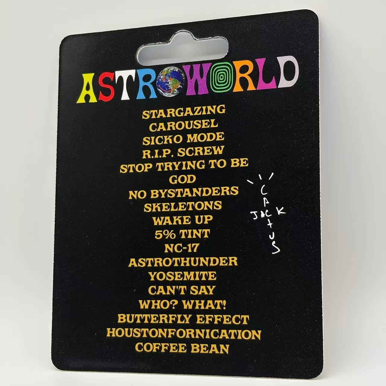 Travis Scott Astroworld Custom Minifigure packaging, features vibrant text and album-themed design on black.