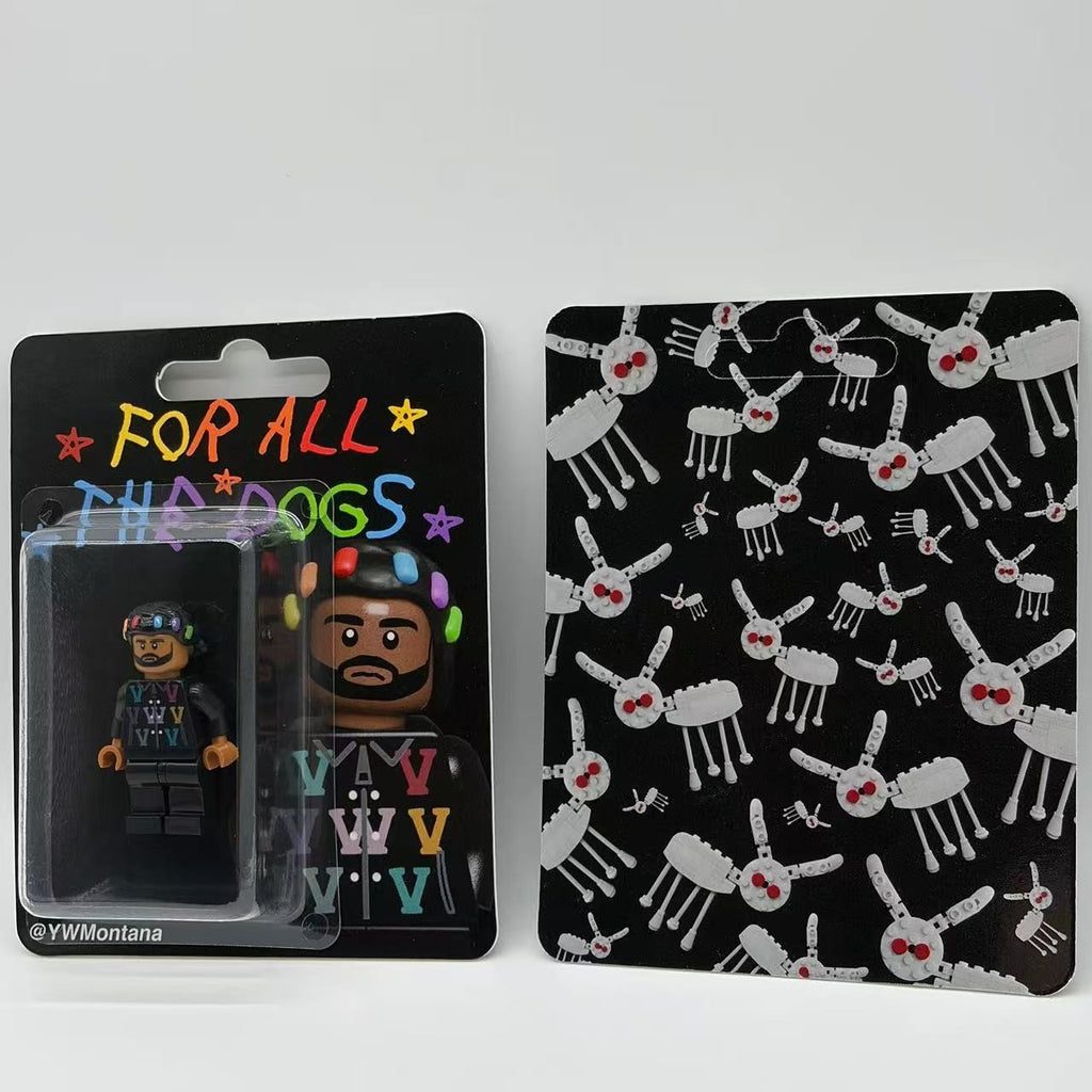 Drake "For All The Dogs" custom minifigure with black hoodie, colorful hair clips; includes artistic card.