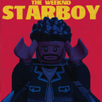 The Weeknd Starboy custom minifigure featuring leather jacket, signature hairstyle, against red "STARBOY" backdrop.