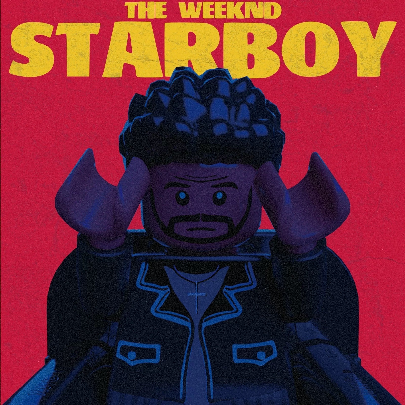 The Weeknd Starboy custom minifigure featuring leather jacket, signature hairstyle, against red "STARBOY" backdrop.