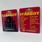 The Weeknd Starboy custom minifigure in blister pack, red backing card with song titles, compatible with major brands.