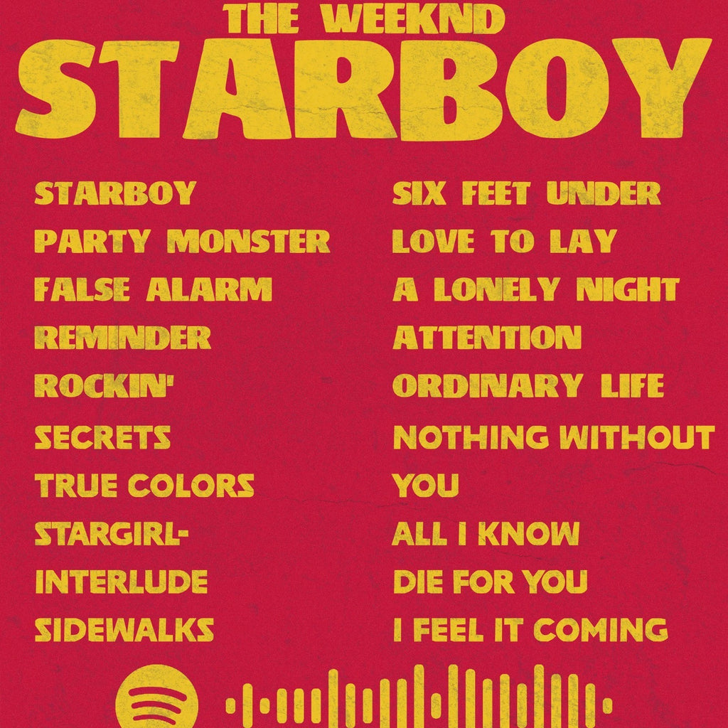 The Weeknd "Starboy" album tracklist with bold yellow text on a textured red background.