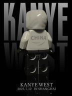 Kanye West "Vultures Shanghai 2025" minifigure; white hoodie, black pants, custom UV printing.