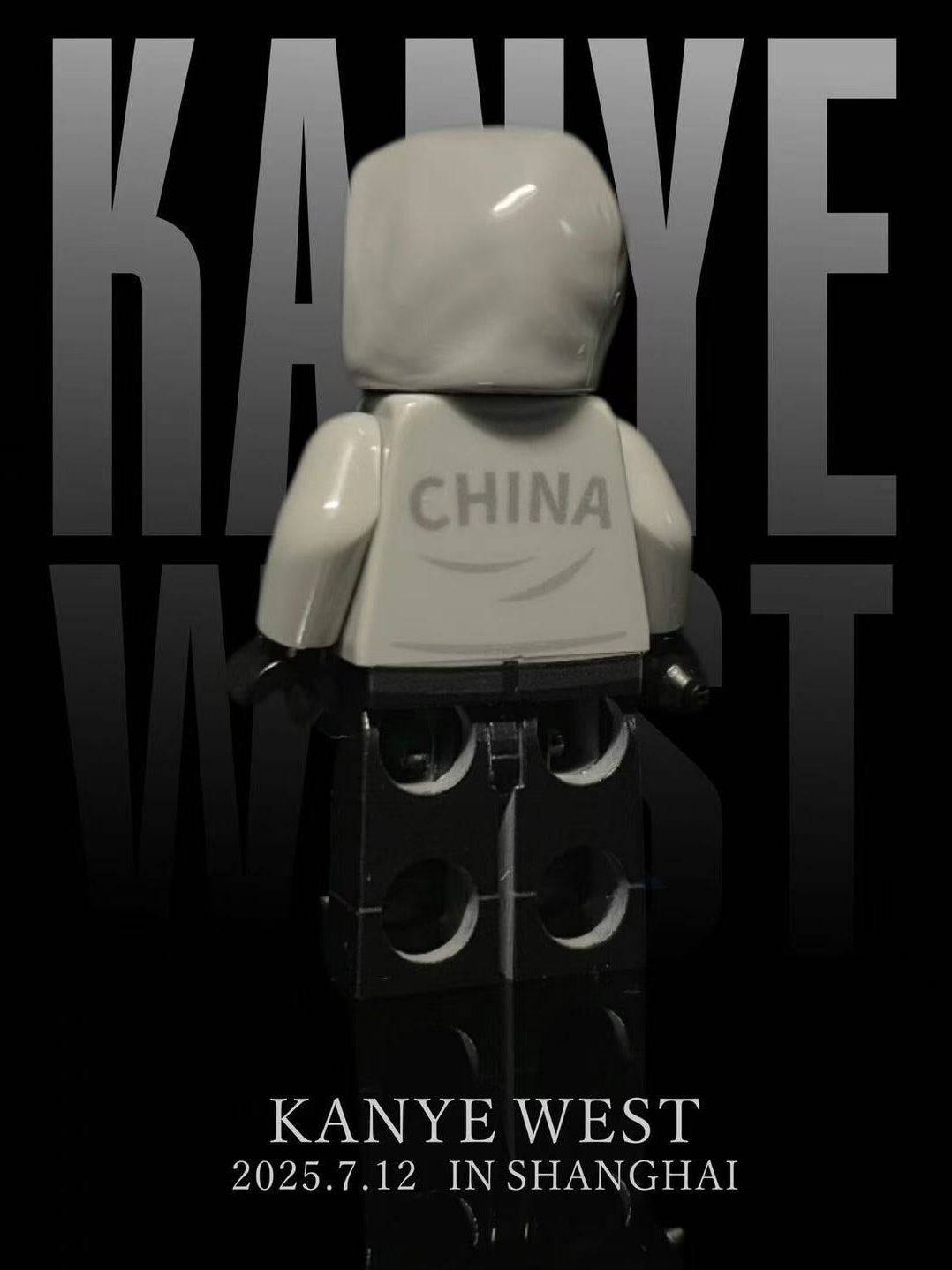 Kanye West "Vultures Shanghai 2025" minifigure; white hoodie, black pants, custom UV printing.