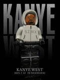 Kanye West "Vultures Shanghai 2025" custom minifigure with white hoodie, dark cargo trousers, and face mask.