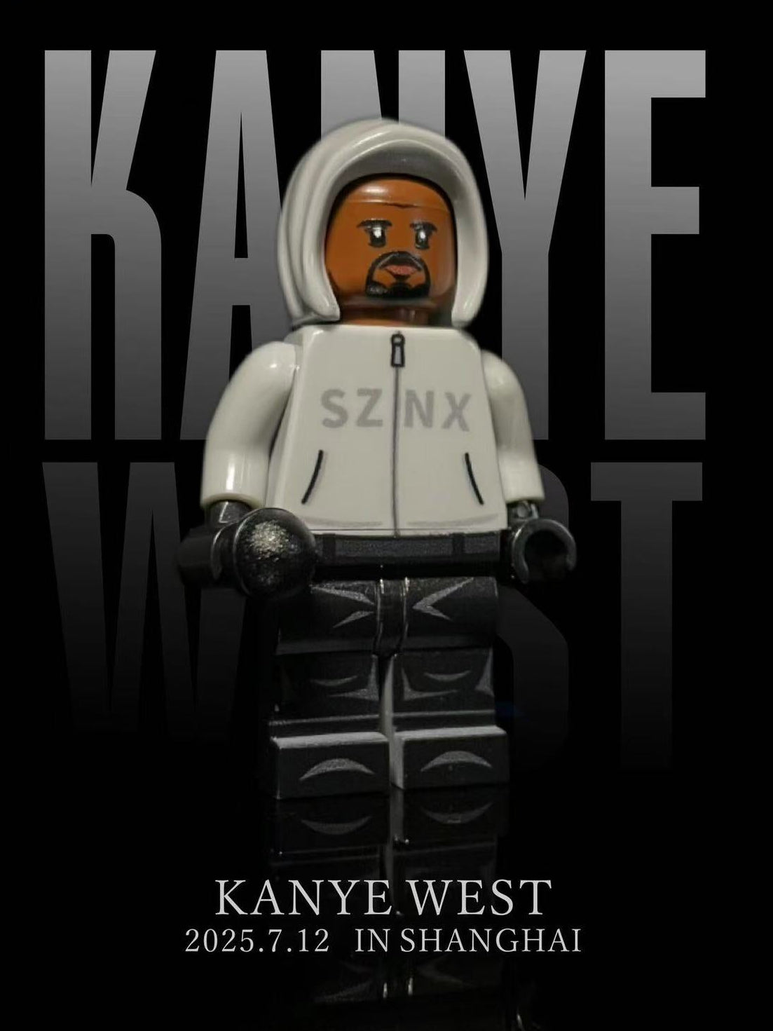 Kanye West "Vultures Shanghai 2025" custom minifigure with white hoodie, dark cargo trousers, and face mask.