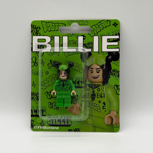 Billie Eilish Custom Minifigure in neon green streetwear with black and green hair, displayed in branded packaging.