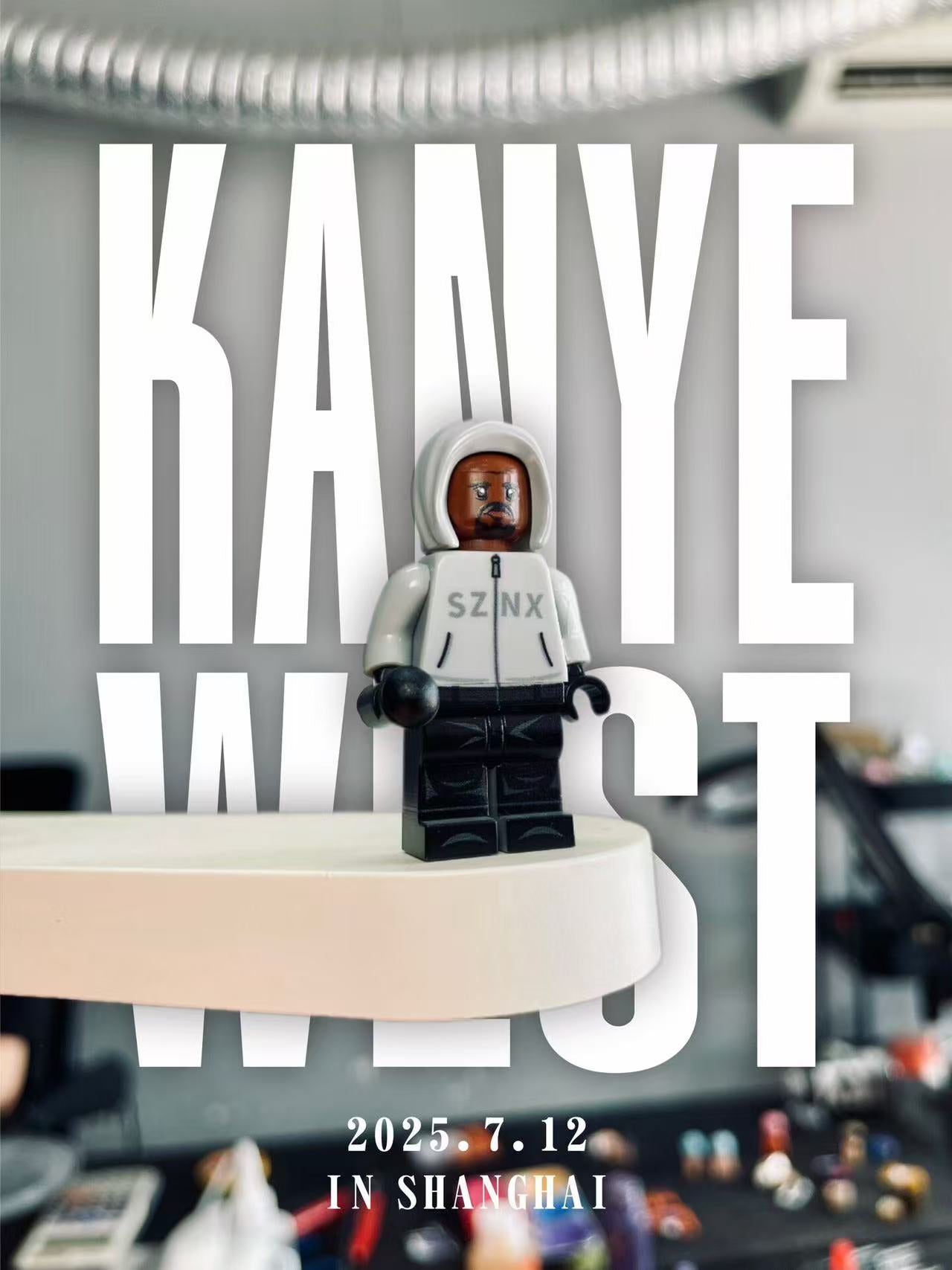 Kanye West "Vultures Shanghai 2025" minifigure in white hoodie with "SZNX" graphic, black pants, face mask.